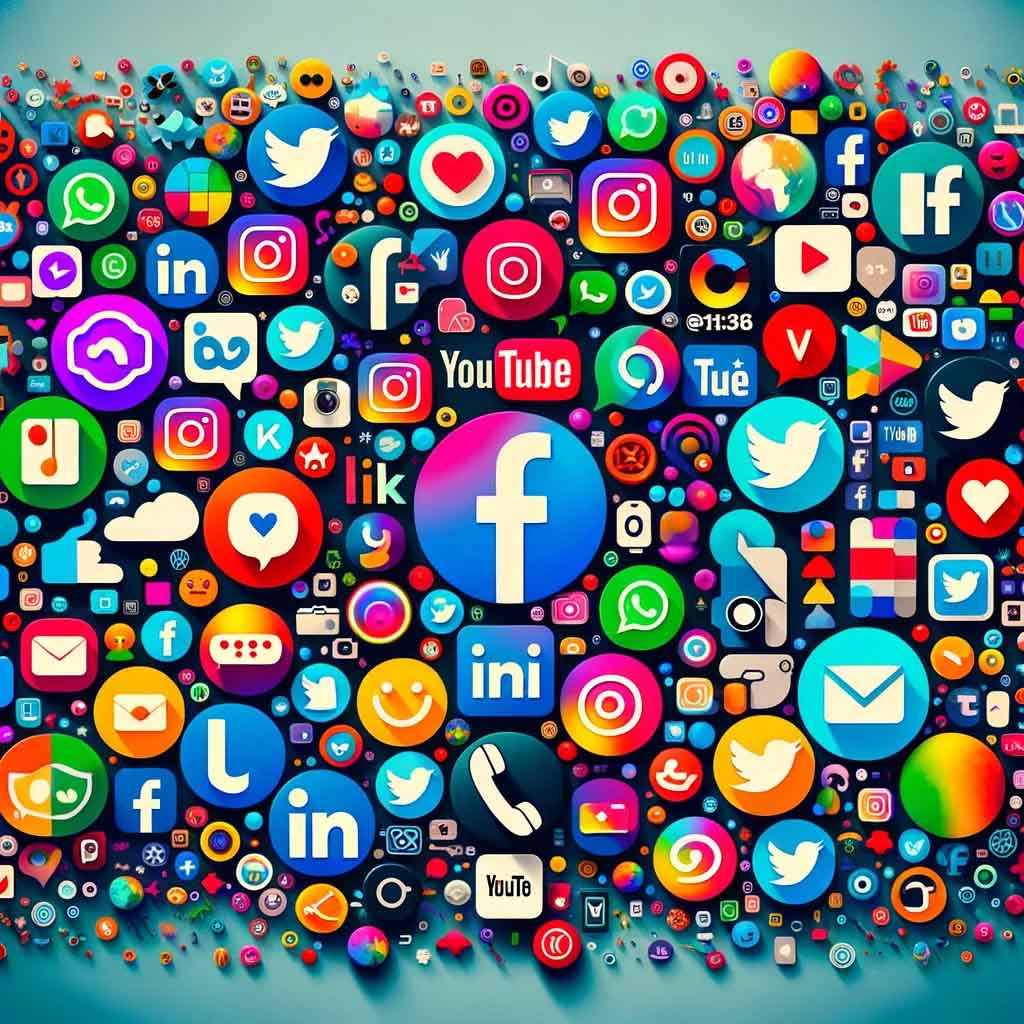 Assortment of colorful social media icons, including Facebook, Instagram, Twitter, and YouTube, against a blue background.