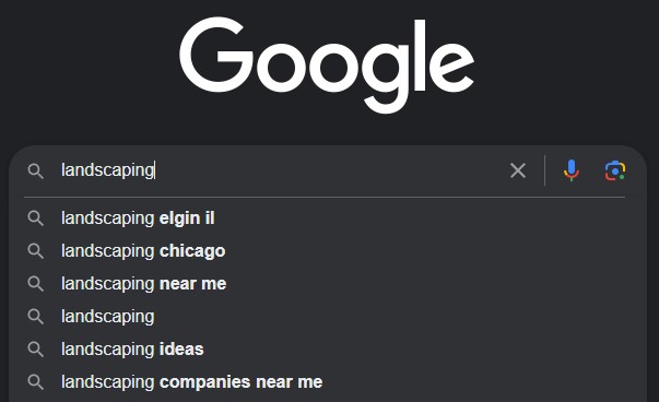 Google search autocomplete suggestions for landscaping services in various locations.