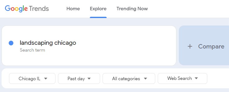Google Trends interface showing search interest for landscaping in Chicago.