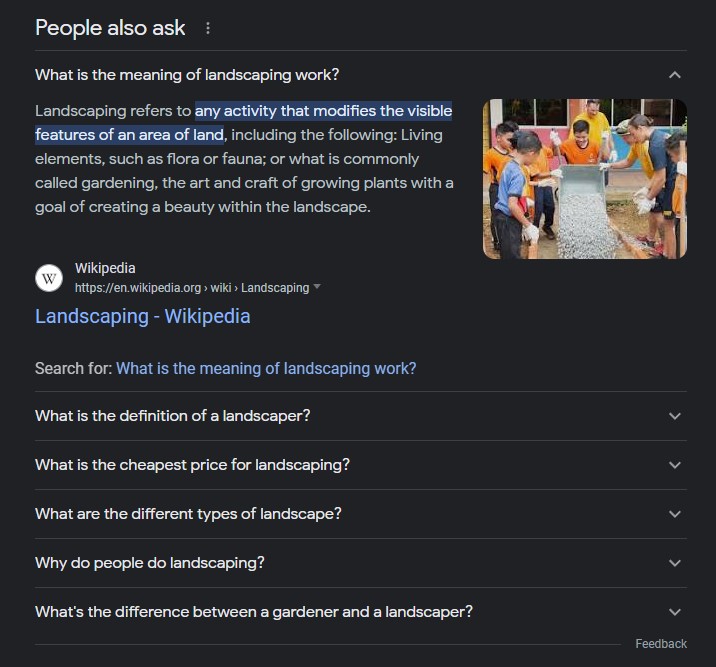 Google's 'People also ask' section with questions related to landscaping work.